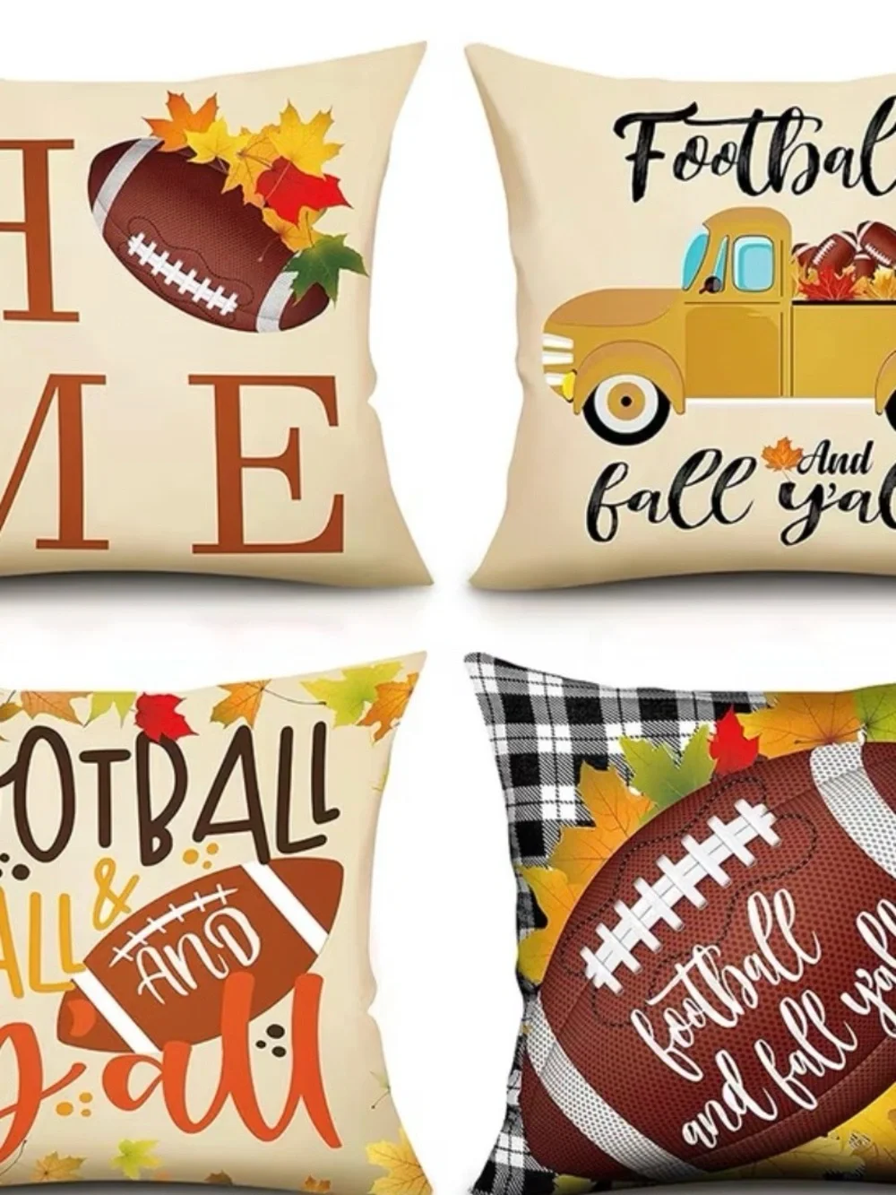 🆕 4 pc Fall Football Throw Pillow Set - Cream and Brown